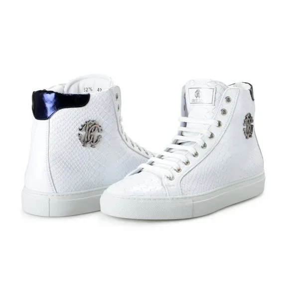 Roberto Cavalli Men's White Textured Leather High Top Fashion Sneakers Shoes